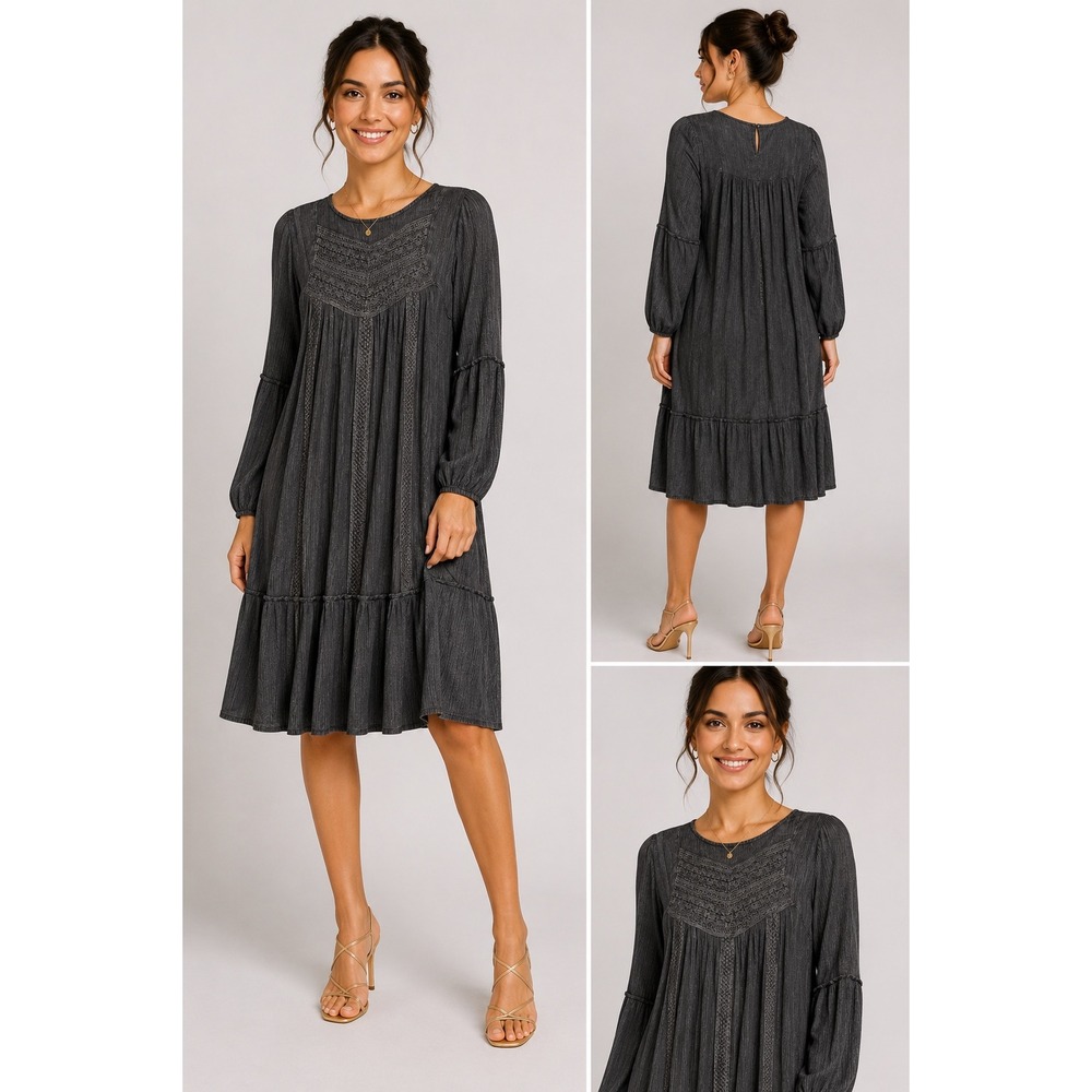 Kings Road XL Washed Gray Crochet Lace Boho Babydoll Tiered Rayon Dress Long Slv